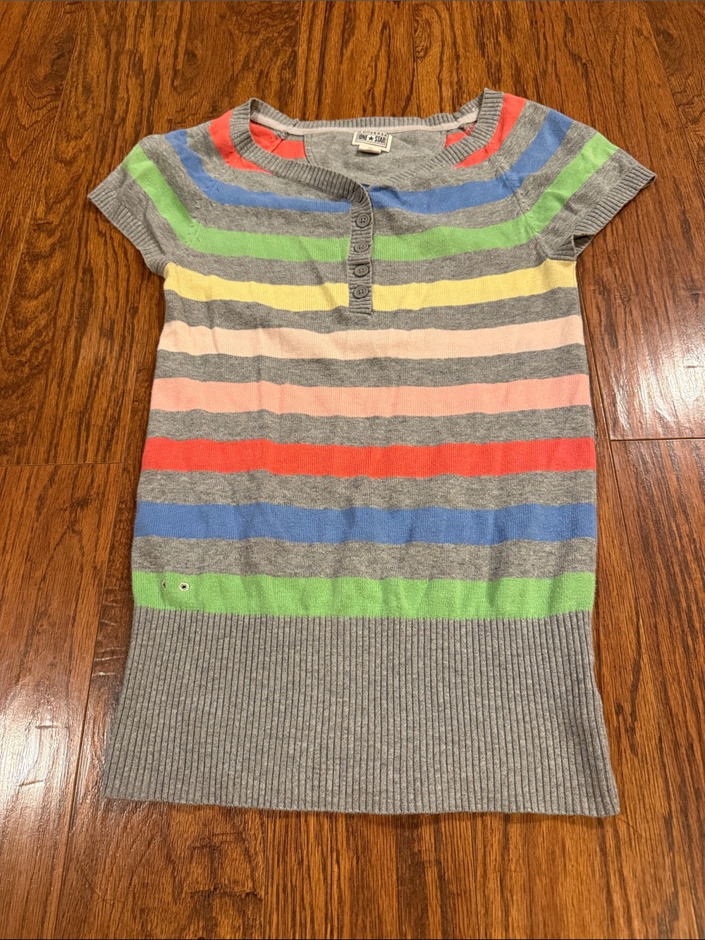 Striped Short-Sleeve Knit Top - Gray with Multicolor Stripes